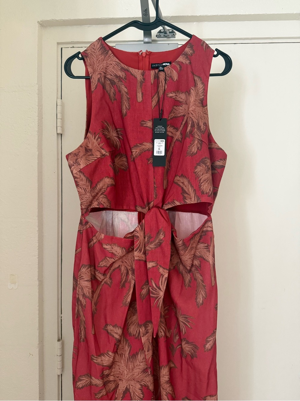Fashion Nova Red Palm-Print Cutout Jumpsuit